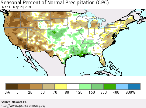 United States Seasonal Percent of Normal Precipitation (CPC) Thematic Map For 3/1/2021 - 5/20/2021