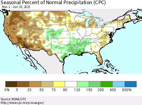 United States Seasonal Percent of Normal Precipitation (CPC) Thematic Map For 3/1/2021 - 6/10/2021