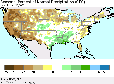 United States Seasonal Percent of Normal Precipitation (CPC) Thematic Map For 3/1/2021 - 6/20/2021