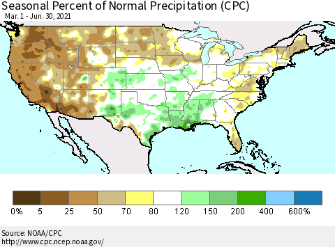 United States Seasonal Percent of Normal Precipitation (CPC) Thematic Map For 3/1/2021 - 6/30/2021