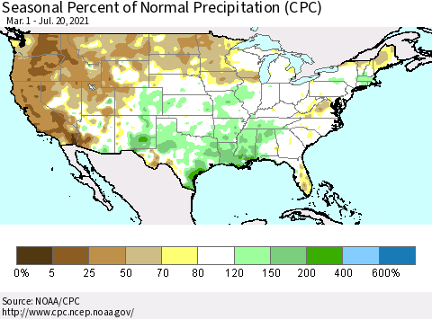 United States Seasonal Percent of Normal Precipitation (CPC) Thematic Map For 3/1/2021 - 7/20/2021