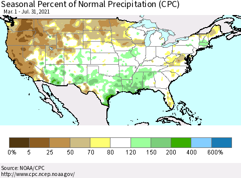 United States Seasonal Percent of Normal Precipitation (CPC) Thematic Map For 3/1/2021 - 7/31/2021