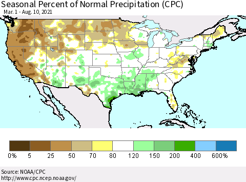 United States Seasonal Percent of Normal Precipitation (CPC) Thematic Map For 3/1/2021 - 8/10/2021