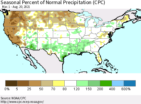 United States Seasonal Percent of Normal Precipitation (CPC) Thematic Map For 3/1/2021 - 8/20/2021