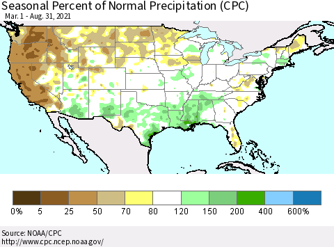 United States Seasonal Percent of Normal Precipitation (CPC) Thematic Map For 3/1/2021 - 8/31/2021