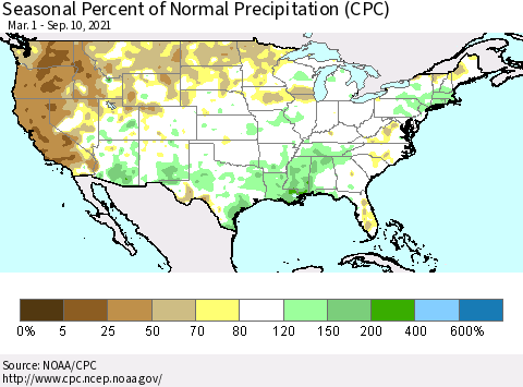United States Seasonal Percent of Normal Precipitation (CPC) Thematic Map For 3/1/2021 - 9/10/2021