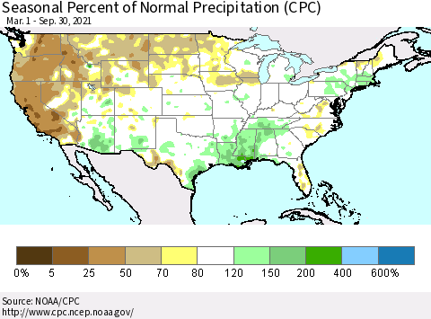 United States Seasonal Percent of Normal Precipitation (CPC) Thematic Map For 3/1/2021 - 9/30/2021