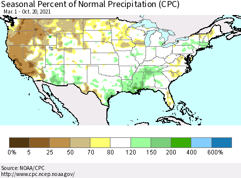 United States Seasonal Percent of Normal Precipitation (CPC) Thematic Map For 3/1/2021 - 10/20/2021