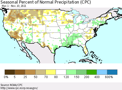 United States Seasonal Percent of Normal Precipitation (CPC) Thematic Map For 3/1/2021 - 11/10/2021