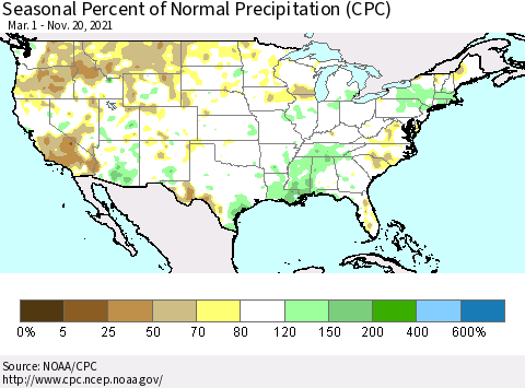 United States Seasonal Percent of Normal Precipitation (CPC) Thematic Map For 3/1/2021 - 11/20/2021