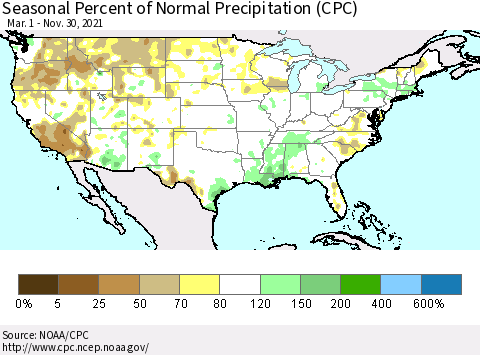 United States Seasonal Percent of Normal Precipitation (CPC) Thematic Map For 3/1/2021 - 11/30/2021