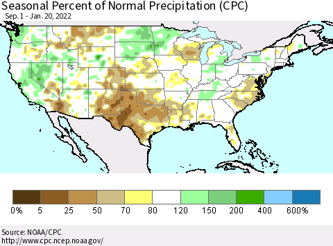 United States Seasonal Percent of Normal Precipitation (CPC) Thematic Map For 9/1/2021 - 1/20/2022
