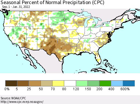 United States Seasonal Percent of Normal Precipitation (CPC) Thematic Map For 9/1/2021 - 1/31/2022