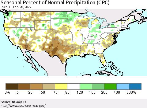 United States Seasonal Percent of Normal Precipitation (CPC) Thematic Map For 9/1/2021 - 2/20/2022