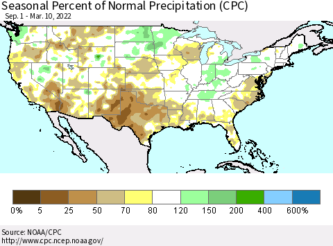 United States Seasonal Percent of Normal Precipitation (CPC) Thematic Map For 9/1/2021 - 3/10/2022