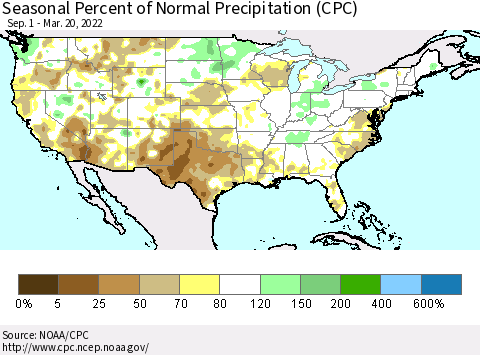 United States Seasonal Percent of Normal Precipitation (CPC) Thematic Map For 9/1/2021 - 3/20/2022