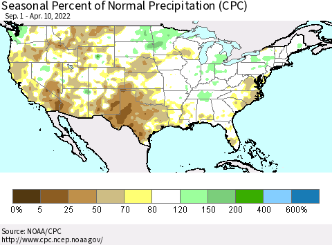 United States Seasonal Percent of Normal Precipitation (CPC) Thematic Map For 9/1/2021 - 4/10/2022