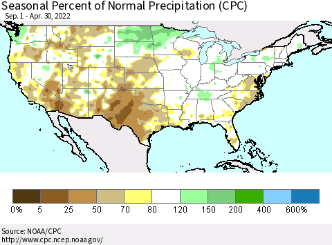 United States Seasonal Percent of Normal Precipitation (CPC) Thematic Map For 9/1/2021 - 4/30/2022
