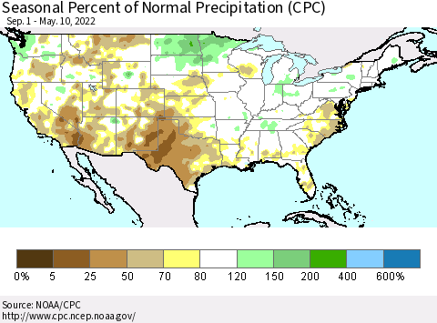 United States Seasonal Percent of Normal Precipitation (CPC) Thematic Map For 9/1/2021 - 5/10/2022