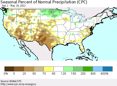 United States Seasonal Percent of Normal Precipitation (CPC) Thematic Map For 9/1/2021 - 5/20/2022