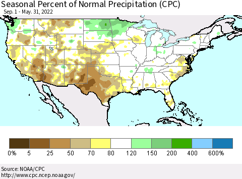 United States Seasonal Percent of Normal Precipitation (CPC) Thematic Map For 9/1/2021 - 5/31/2022