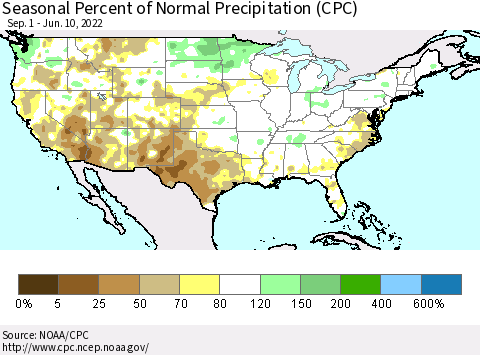 United States Seasonal Percent of Normal Precipitation (CPC) Thematic Map For 9/1/2021 - 6/10/2022