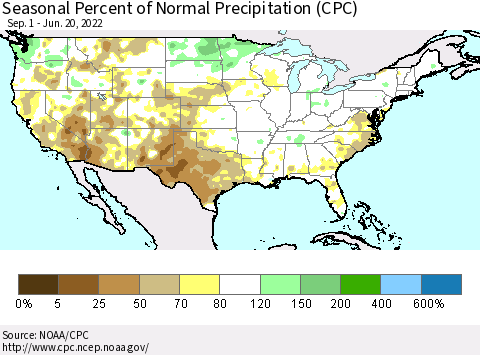 United States Seasonal Percent of Normal Precipitation (CPC) Thematic Map For 9/1/2021 - 6/20/2022