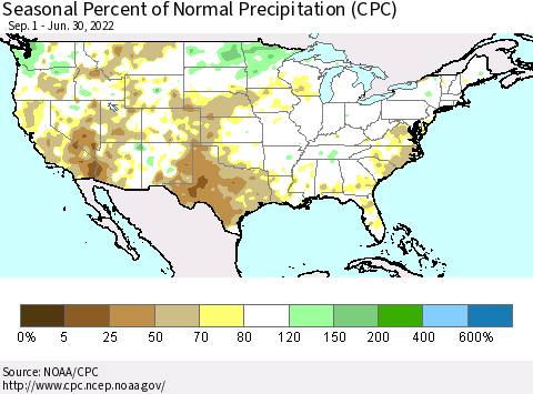 United States Seasonal Percent of Normal Precipitation (CPC) Thematic Map For 9/1/2021 - 6/30/2022