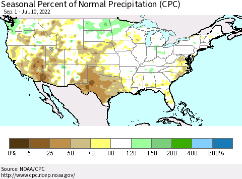 United States Seasonal Percent of Normal Precipitation (CPC) Thematic Map For 9/1/2021 - 7/10/2022
