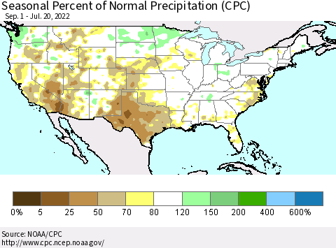 United States Seasonal Percent of Normal Precipitation (CPC) Thematic Map For 9/1/2021 - 7/20/2022
