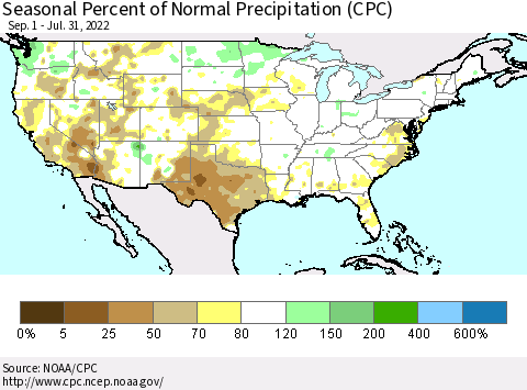 United States Seasonal Percent of Normal Precipitation (CPC) Thematic Map For 9/1/2021 - 7/31/2022