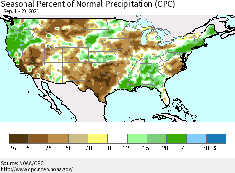 United States Seasonal Percent of Normal Precipitation (CPC) Thematic Map For 9/1/2021 - 9/20/2021