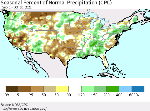 United States Seasonal Percent of Normal Precipitation (CPC) Thematic Map For 9/1/2021 - 10/10/2021