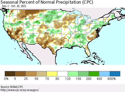 United States Seasonal Percent of Normal Precipitation (CPC) Thematic Map For 9/1/2021 - 10/20/2021