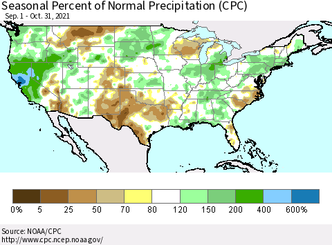 United States Seasonal Percent of Normal Precipitation (CPC) Thematic Map For 9/1/2021 - 10/31/2021