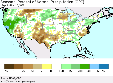 United States Seasonal Percent of Normal Precipitation (CPC) Thematic Map For 9/1/2021 - 11/10/2021