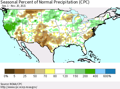 United States Seasonal Percent of Normal Precipitation (CPC) Thematic Map For 9/1/2021 - 11/20/2021