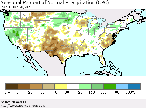 United States Seasonal Percent of Normal Precipitation (CPC) Thematic Map For 9/1/2021 - 12/20/2021