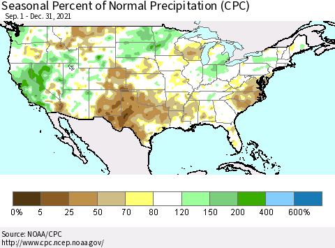 United States Seasonal Percent of Normal Precipitation (CPC) Thematic Map For 9/1/2021 - 12/31/2021