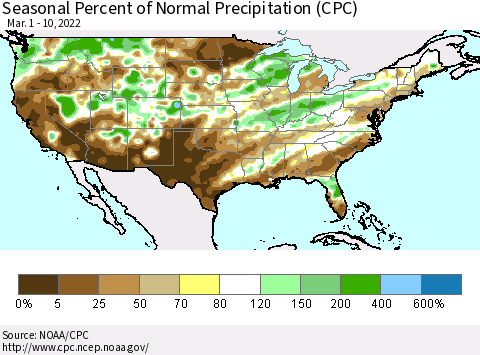 United States Seasonal Percent of Normal Precipitation (CPC) Thematic Map For 3/1/2022 - 3/10/2022