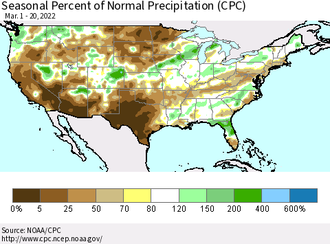 United States Seasonal Percent of Normal Precipitation (CPC) Thematic Map For 3/1/2022 - 3/20/2022