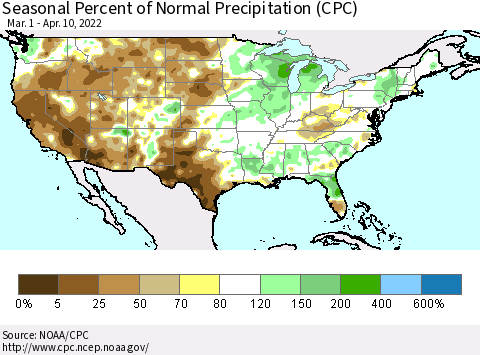 United States Seasonal Percent of Normal Precipitation (CPC) Thematic Map For 3/1/2022 - 4/10/2022