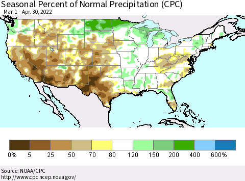 United States Seasonal Percent of Normal Precipitation (CPC) Thematic Map For 3/1/2022 - 4/30/2022