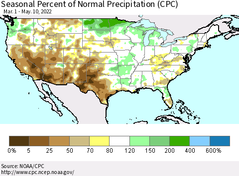 United States Seasonal Percent of Normal Precipitation (CPC) Thematic Map For 3/1/2022 - 5/10/2022