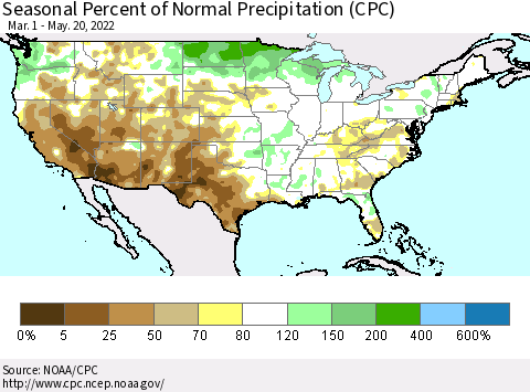 United States Seasonal Percent of Normal Precipitation (CPC) Thematic Map For 3/1/2022 - 5/20/2022