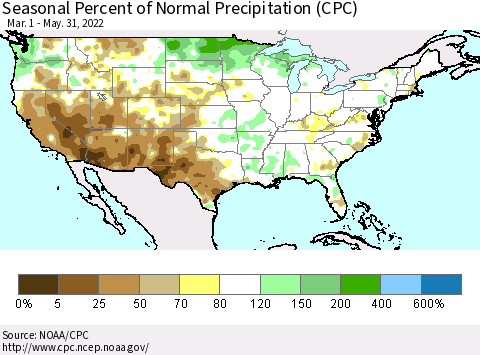 United States Seasonal Percent of Normal Precipitation (CPC) Thematic Map For 3/1/2022 - 5/31/2022