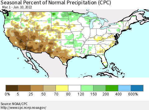 United States Seasonal Percent of Normal Precipitation (CPC) Thematic Map For 3/1/2022 - 6/10/2022