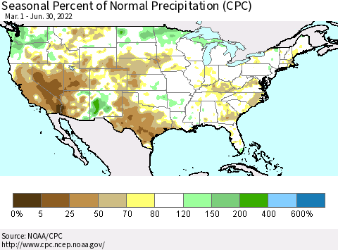 United States Seasonal Percent of Normal Precipitation (CPC) Thematic Map For 3/1/2022 - 6/30/2022