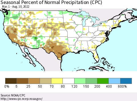 United States Seasonal Percent of Normal Precipitation (CPC) Thematic Map For 3/1/2022 - 8/10/2022