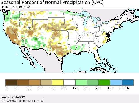 United States Seasonal Percent of Normal Precipitation (CPC) Thematic Map For 3/1/2022 - 9/10/2022